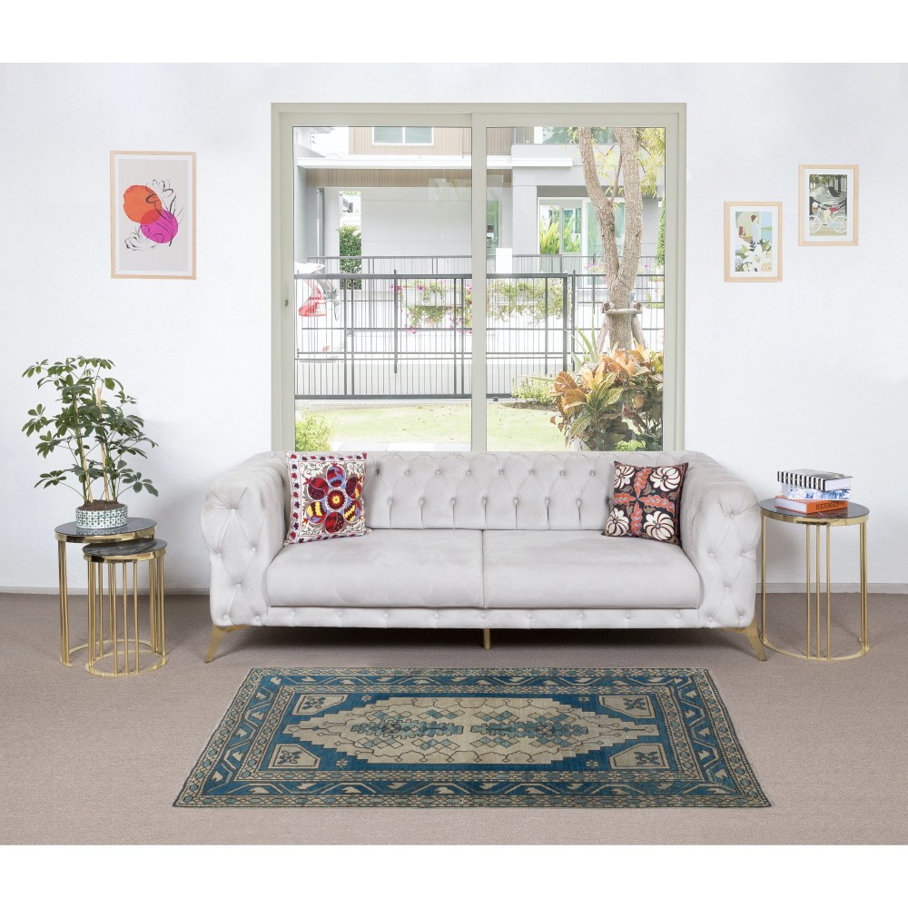 Vintage Turkish Rug in Dark Blue & Beige, Handmade Village Carpet